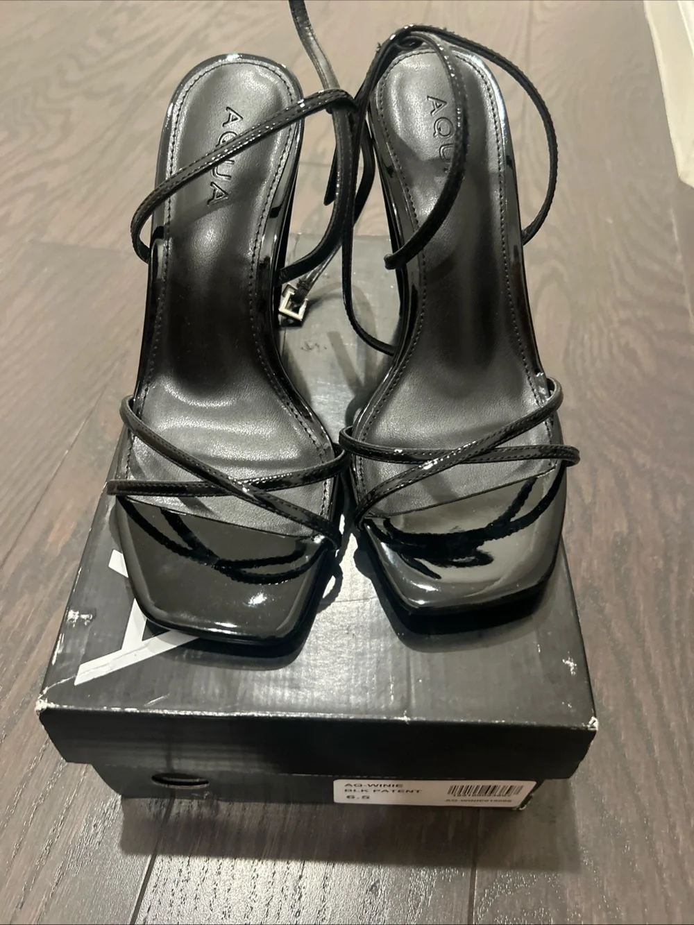 Aqua Winie Black Patent Strap Buckle High Heels Sandals Size 6.5 $128